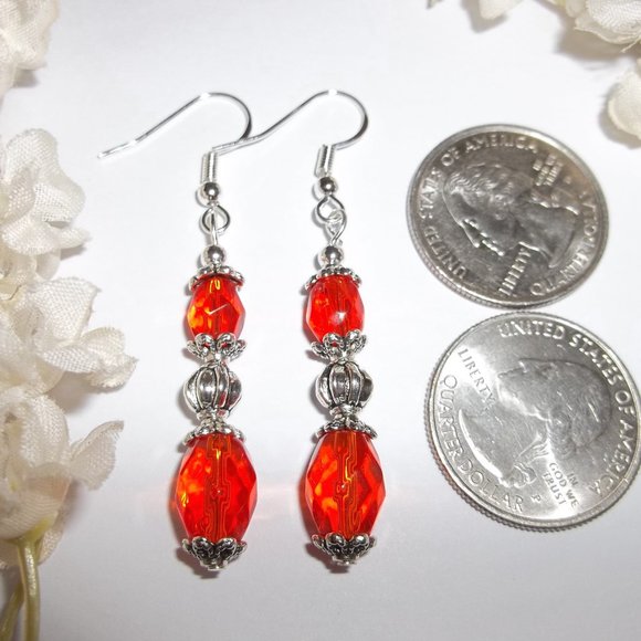 Bright Orange & Silver Earrings Handmade Colorful Bold Jewelry Gift For Her 6716 - Picture 2 of 8